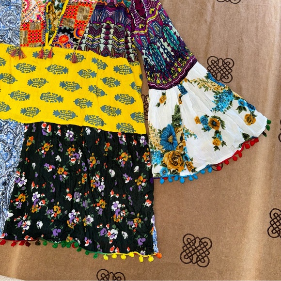 Anandas Collection NWT! Yellow/Multi Patchwork Boho Chic Shift Dress Top Coverup - Picture 5 of 17